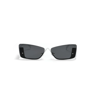Frameless square sunglasses with dark grey lenses and metal rivet accents in silver