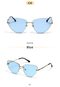 Détail de lunettes de soleil œil-de-chat bleues sans monture avec cadre en métal doré