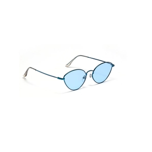 Vintage metal cat-eye sunglasses with blue ocean lenses and teal frame on white background