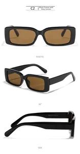 Three-angle view of black rectangular sunglasses featuring brown lenses and sleek frames