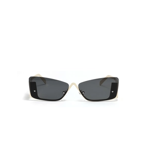 Frameless square sunglasses with gold metal frame and dark grey lenses for men and women