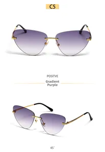 Détail des lunettes de soleil œil de chat sans monture avec dégradé violet et métal doré
