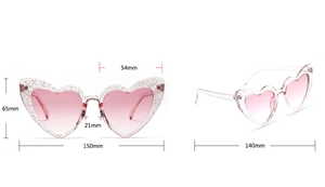 Pink glitter heart-shaped sunglasses with detailed dimensions of 150mm total width