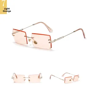Three-angle views of rimless square sunglasses with light orange gradient lenses