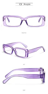Detailed views of purple rectangle sunglasses showing front, side and 45-degree angles