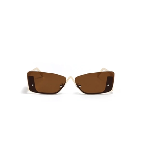 Frameless brown rectangular sunglasses with gold metal temples and modern vintage style