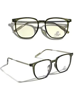 Detailed view of olive green TR90 glasses with silver metal temples and blue light lenses