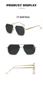 Three views of gold metal polygon sunglasses with grey lenses and hinge details