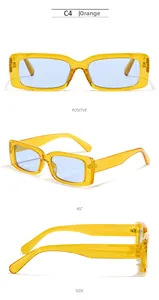 Three-angle views of rectangular amber sunglasses with light blue lenses for fashion
