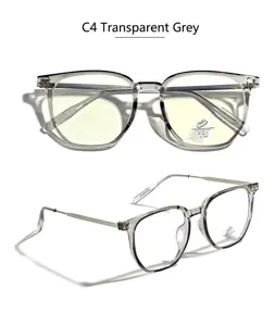 Detail view of transparent grey TR90 frames with anti-blue light lenses and metal temples