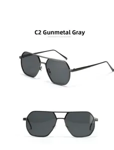 Macro view of gunmetal aviator sunglasses featuring double bridge and geometric lenses