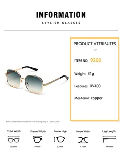 Size chart showing dimensions for trendy large frame oval metal fashion sunglasses