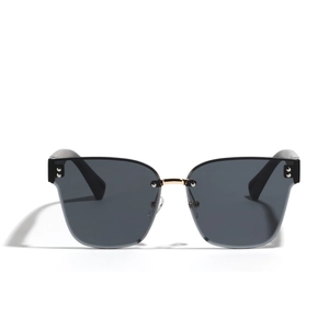 Modern square rimless sunglasses with black lenses and golden metal bridge detail