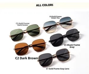 Detail view of oval metal sunglasses showing diverse color options with decorative temples