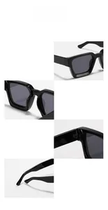 Détails des lunettes de soleil noires rectangulaires montrant charnière et monture