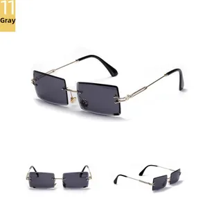 Three-way view of grey rimless rectangular sunglasses with gold metal temples and retro style