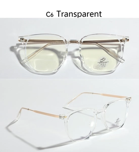 Detail view of transparent TR90 frames with anti-blue light lenses and gold metal temples