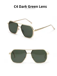 Close-up of golden metal double bridge pilot sunglasses with dark green lenses