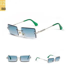 Detailed views of rimless rectangle sunglasses with blue gradient lenses and metal temples