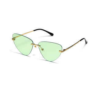 Lunettes de soleil œil-de-chat sans monture, verres vert clair et branches en métal doré