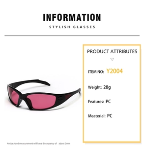 Detailed view of Y2K sports sunglasses with pink lenses and PC frame material specs