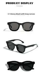 Trois angles de vue de lunettes de soleil carrées noires avec verres gris, modèle C1