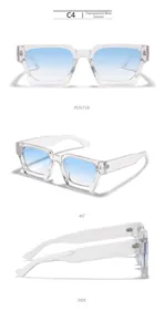 Vue triple des lunettes de soleil rectangulaires étroites bleu transparent, couleur C4