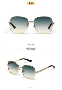 Detail view of large oval metal sunglasses with gold frame and green tea gradient lenses