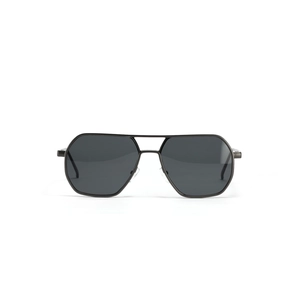 Retro polygon metal sunglasses with double bridge and dark grey lenses on white background