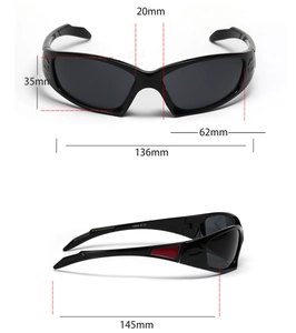 Detailed size chart for Y2K sporty sunglasses showing frame height and lens width