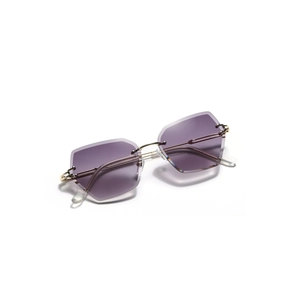 Lunettes de soleil polygonales sans monture avec verres violets et monture dorée fine