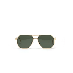 Vintage polygon aviator sunglasses with gold metal double bridge and green lenses