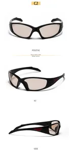 Three-angle view of Y2K wraparound sunglasses with black frame and beige lenses
