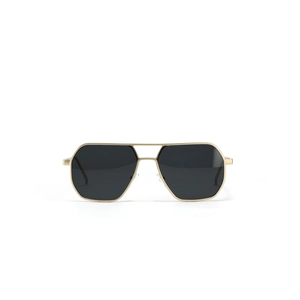 Modern gold metal aviator sunglasses with polygon hexagonal black lenses and double bridge