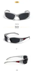Three-angle view of matte silver Y2K sports sunglasses with red temple detail