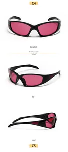 Three-angle view of Y2K sports sunglasses with black frames and magenta lenses