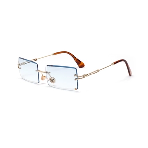 Retro rimless rectangle sunglasses with blue gradient lenses and gold metal frame
