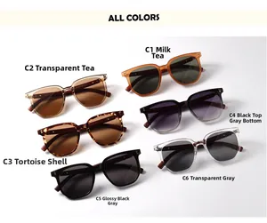 Flat lay of retro square sunglasses in six wood-grain colors with elegant metal accents