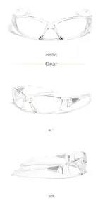 Three-view display of transparent Y2K style fashion sunglasses and protective eyewear