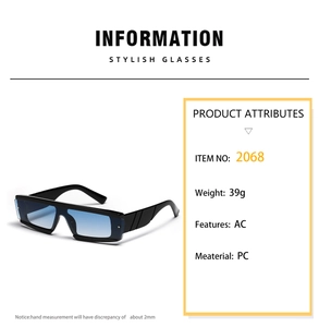 Detail view of square black sunglasses with blue gradient lenses and product specifications