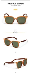 Three-angle view of vintage square sunglasses with champagne tea frames and wood grain temples