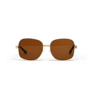 Fashion oval oversized metal sunglasses with brown lenses and golden frames on white background