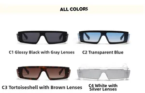 Detailed view of four fashion rectangular sunglasses in black, clear, tortoiseshell and white
