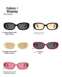 Close-up of vintage square sunglasses in five colors from classic black to cherry red