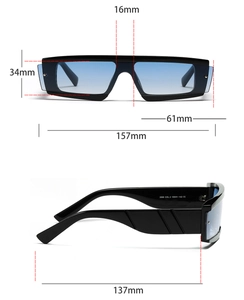 Detailed dimensions of square hip hop sunglasses with blue gradient lenses and rivet detail