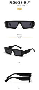 Detail view of black square sunglasses showing inner temple specifications and CE marks