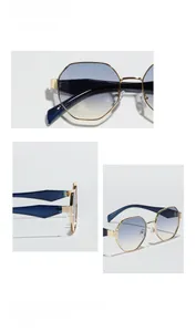 Détails des lunettes de soleil octogonales en métal doré avec verres dégradés bleu-jaune