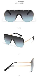 Three-view detail of oversized rimless sunglasses with gold rivets and blue-grey lenses