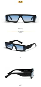 Three-angle view of square frame sunglasses with transparent blue lenses and rivet details