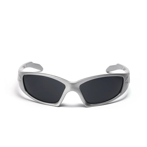 Y2K sporty silver sunglasses with streamlined frames and dark gray lenses for outdoor use